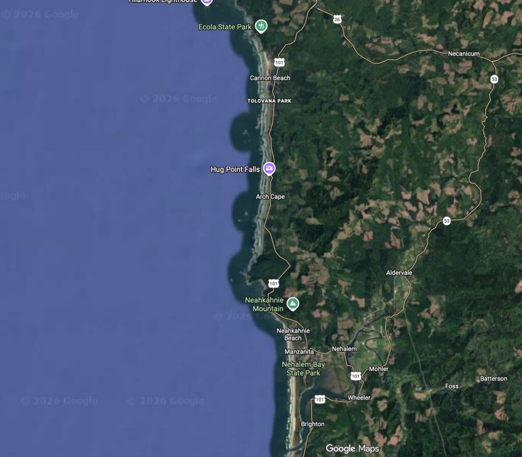 Map of the northern Oregon Coast showing Cannon Beach, Ecola State Park, Hug Point, Arch Cape, and Manzanita.