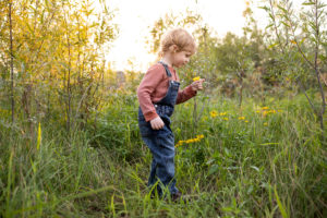 Young boy in overalls picking wildflowers at Rooster Rock State Park. Exploring the Columbia River Gorge Scenic Area with Kids