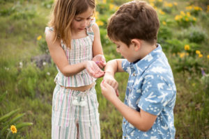 Siblings are playing with lady bugs in a field of wildflowers in the Columbia river gorge. 