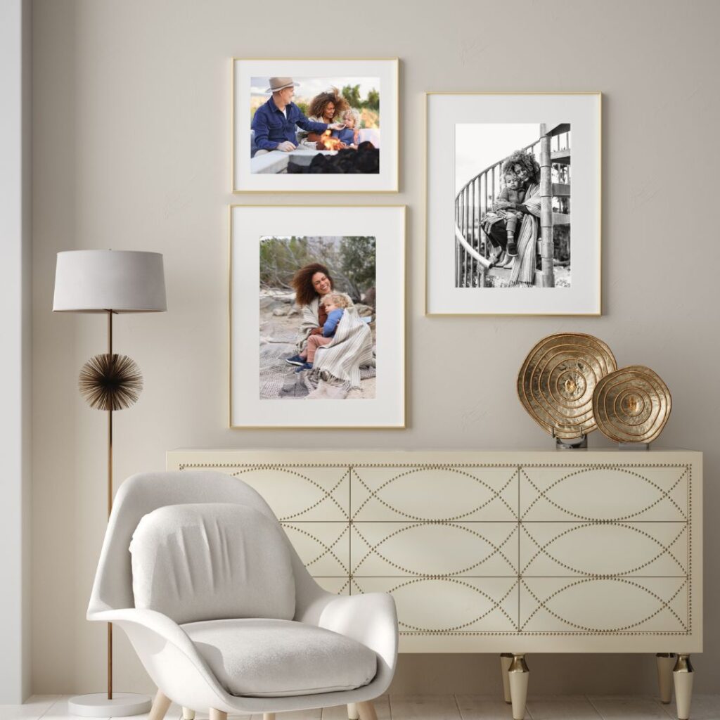 Gallery wall of family photos in beige inspired room