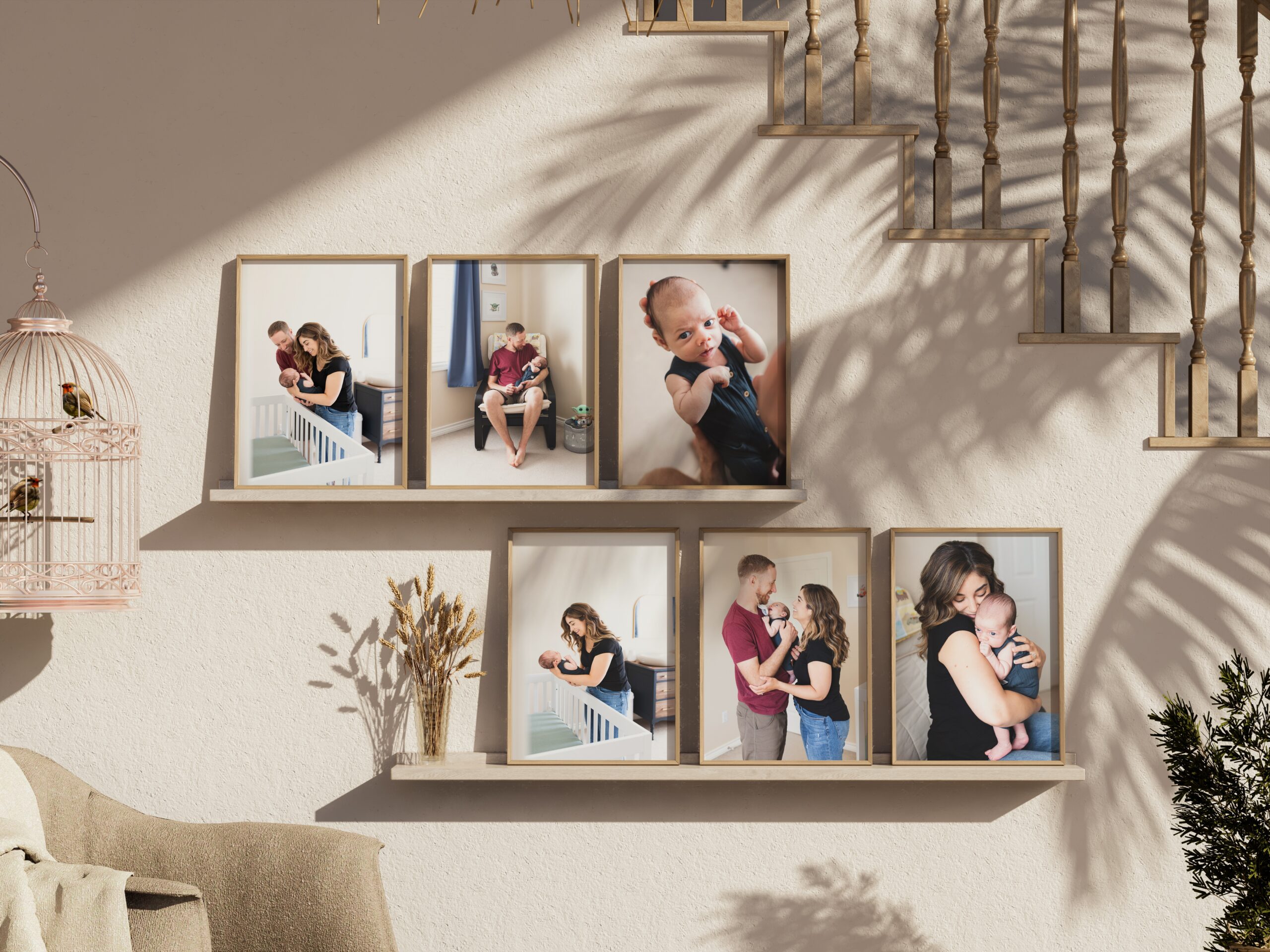 newborn photos displaying on photo ledge on wall.