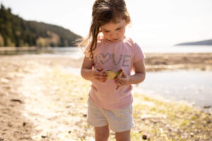Young girl looking at sea shell on West Beach Resort in Orcas Island.