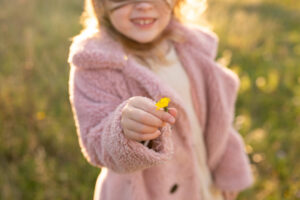 Little girl holding dandelion in a field at sunset. 