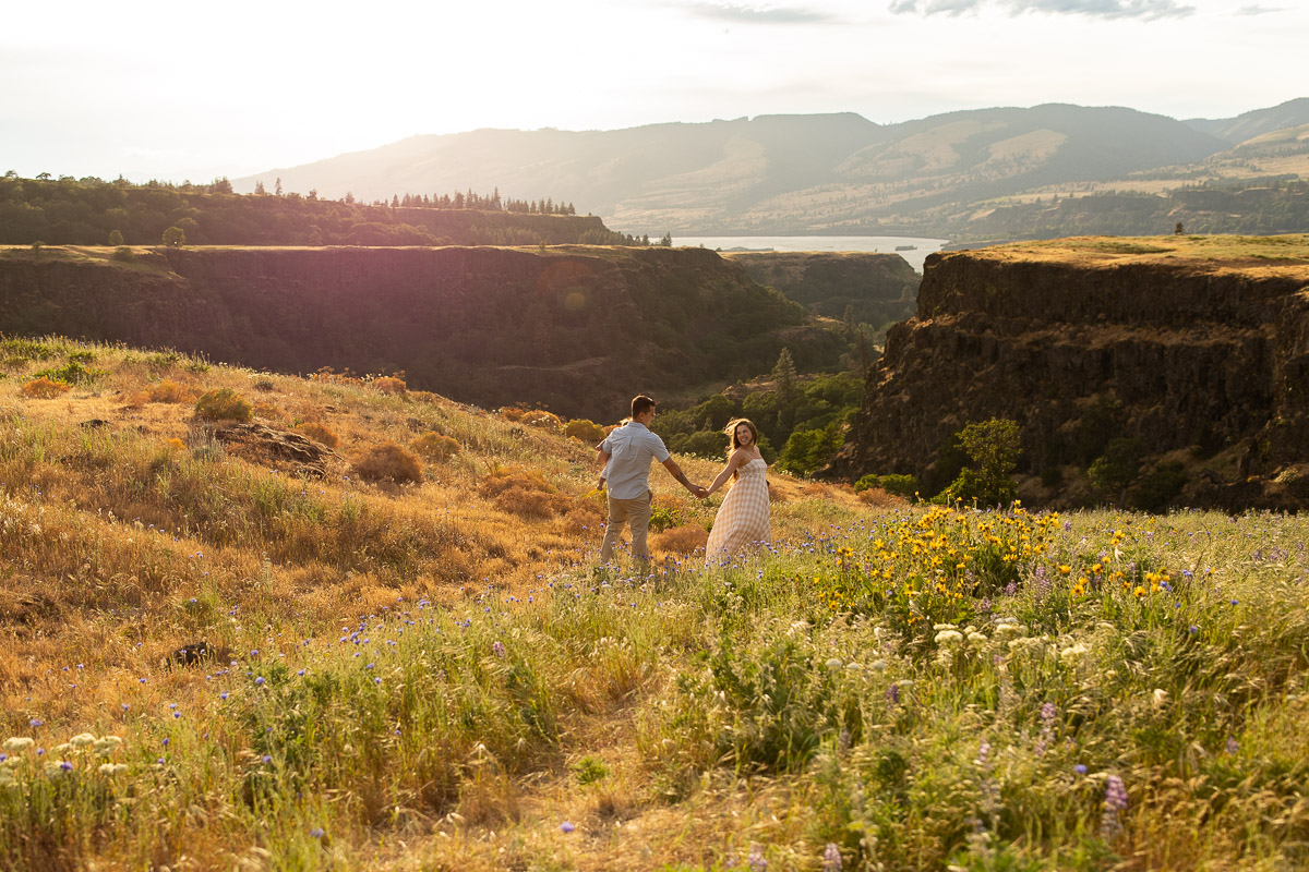 Spring photography session in the Columbia River Gorge with wildflowers, open trails, and golden evening light