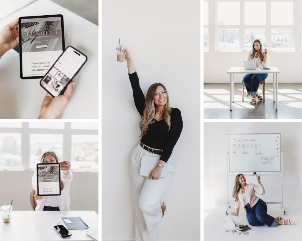 Female small business owner creating social media content during a professional branding session and showcased in a blog about whether brand photos are worth it for small businesses.